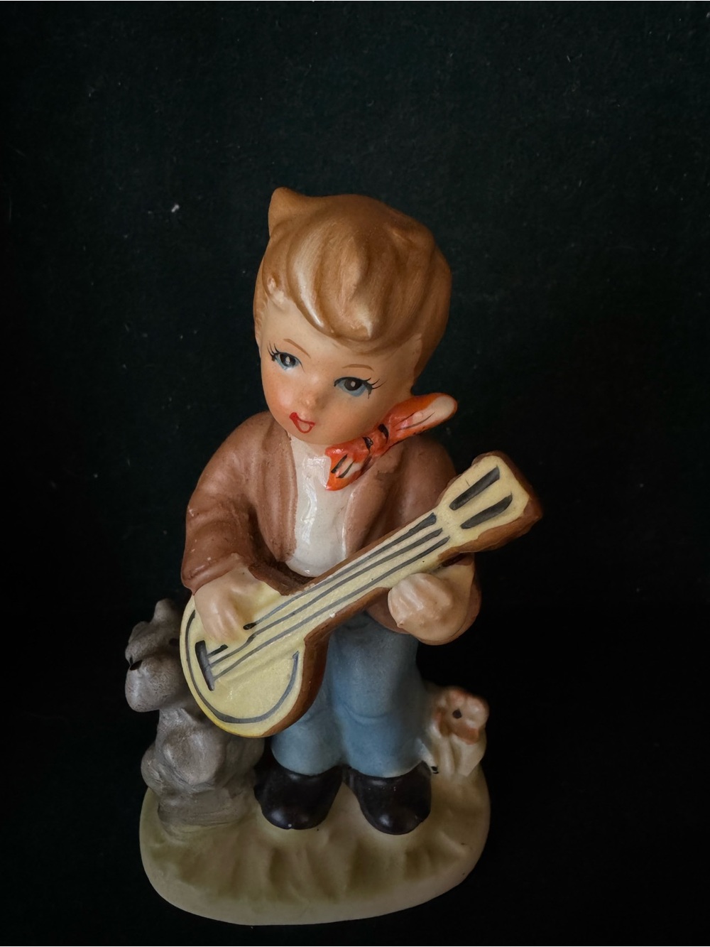 Arnart Vintage Boy Figurine Playing Guitar - Brown Jacket, Blue Pants